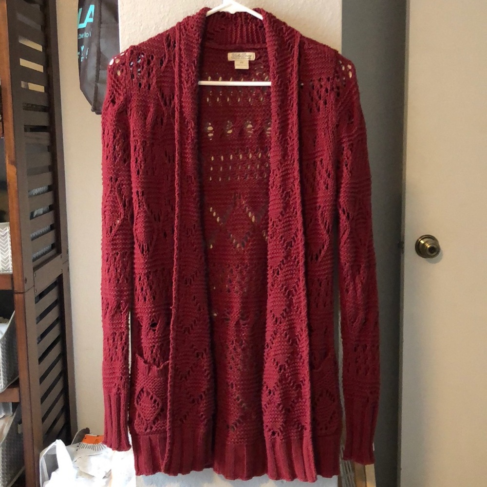 Lucky brand open burgundy knit cardigan